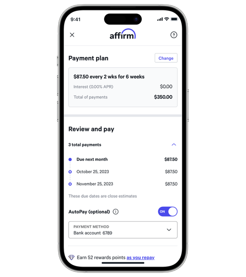 Affirm payment plan in the mobile app