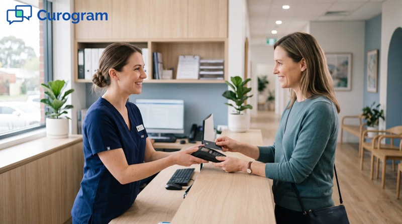 Patient at the front desk of a practice